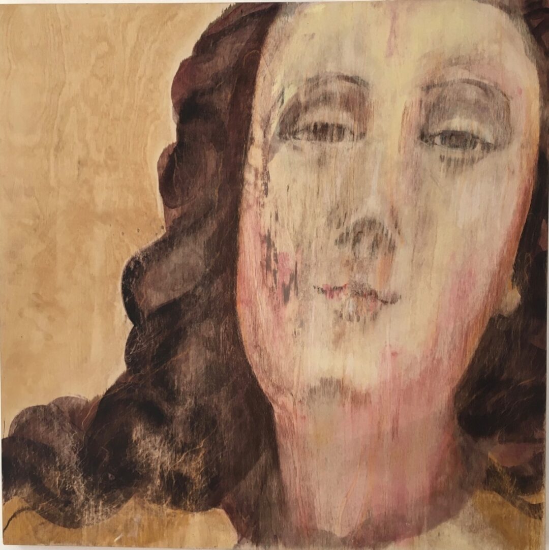 "Virgin or Saint? " Colmar 1500   Oil on wood panel 50x50cm.(2019)